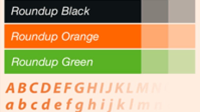Color swatches labeled Roundup Black, Roundup Orange, and Roundup Green with uppercase and lowercase alphabets in matching colors.