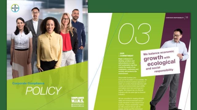 Two pages from a corporate brochure. Left page shows six diverse professionals. Right page features text about balancing economic growth with ecological and social responsibility.