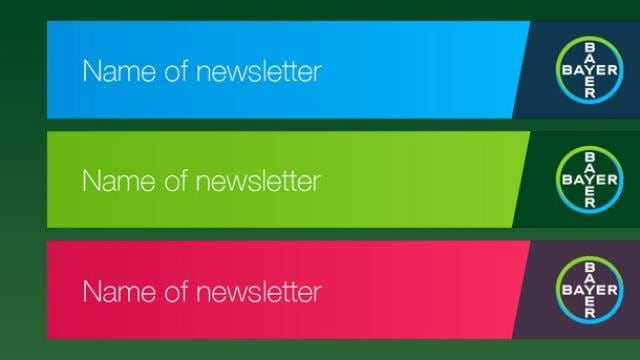 Three horizontal banners in blue, green, and red each display "Name of newsletter" next to the Bayer logo on a green background.