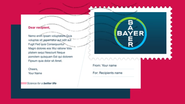 A postcard with a Bayer logo stamp, featuring a generic greeting and placeholder text. The card is addressed to "Dear recipient" and includes spaces for sender and recipient names.