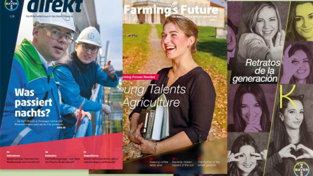 A collage of three magazine covers featuring people smiling and posing, with titles in German, English, and Spanish.