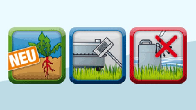 Three icons: a plant with roots labeled "NEU," a roller painting a surface, and a crossed-out image of a canister pouring liquid.
