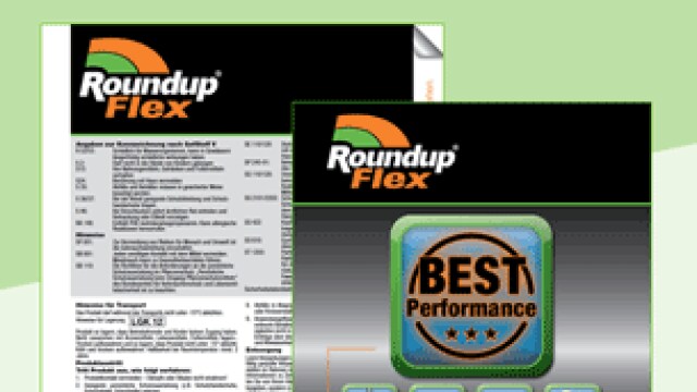Two brochures for Roundup Flex are shown, one displaying text and the other featuring a "Best Performance" badge with icons underneath.