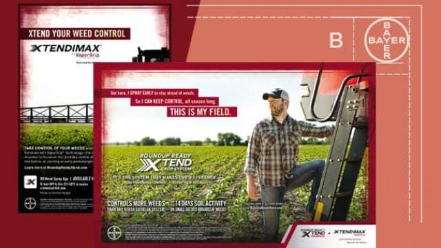 Advertisement for Roundup Ready Xtend with a farmer in a field beside a tractor, emphasizing weed control and effectiveness.