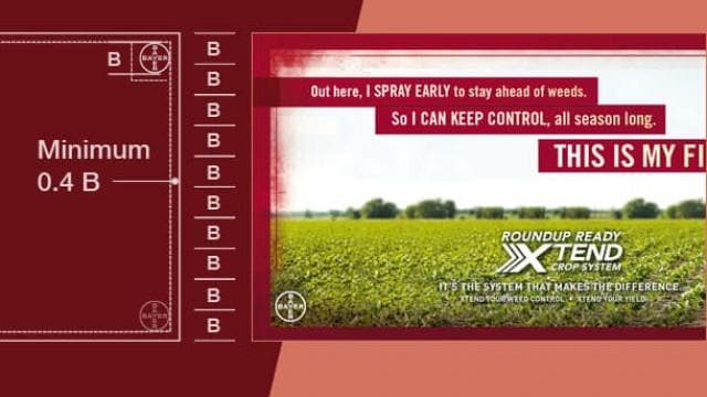 Advertisement for Roundup Ready Xtend Crop System featuring a farm field and text promoting weed control all season long.