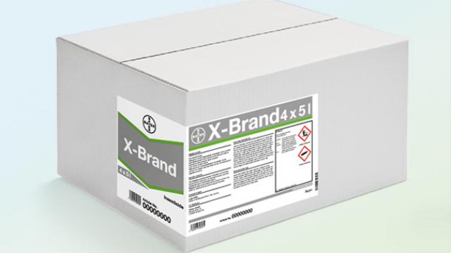 A gray cardboard box labeled "X-Brand 4x5l" with detailed text and hazard symbols on the side.