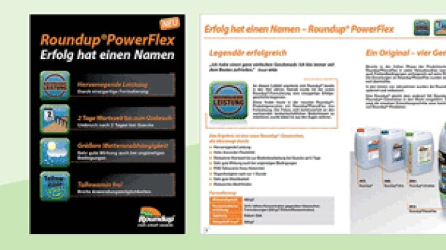 Brochure for Roundup PowerFlex featuring product benefits, images of packaging, and logos. Text includes details about effectiveness and application. German language.