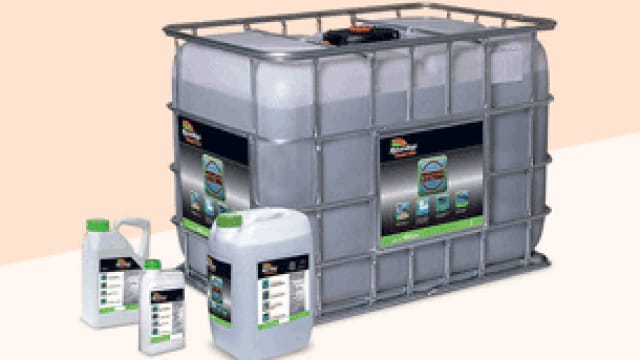 Large industrial container and three smaller jugs, all with green and black labels, set against a plain background.