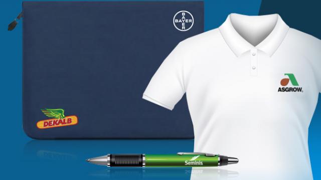 A blue pouch, a white polo shirt with logos, and a green pen are displayed against a blue background.