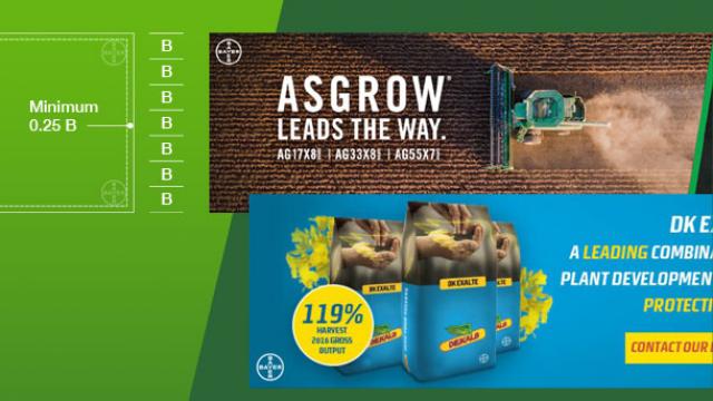 Agricultural advertisement showcasing Asgrow and DEKALB with a tractor in a field and bags of seed products, emphasizing a 119% harvest output increase.