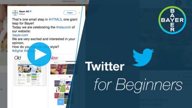 Screenshot of a tweet by Bayer AG announcing the relaunch of their website, displayed alongside a "Twitter for Beginners" graphic.