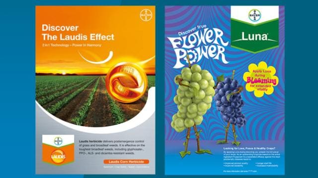 Left: Laudis Corn Herbicide ad with a field image. Right: Luna fungicide ad with grapes and text on crop vitality.