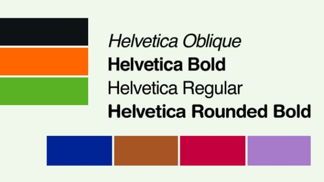 Image displaying text in four Helvetica font styles: Oblique, Bold, Regular, and Rounded Bold. Includes color swatches: black, orange, green, blue, brown, red, and purple.