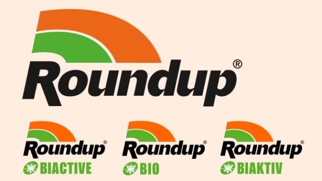 Logos for Roundup, Roundup Biactive, Roundup Bio, and Roundup Biaktiv with green and orange elements.