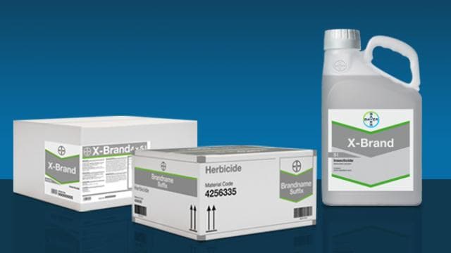 Boxes and a container of "X-Brand" herbicide displayed on a blue background.
