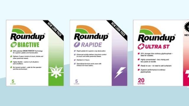 Image of three Roundup product boxes: Bioactive, Rapide, and Ultra ST, each labeled with distinct features and volumes.