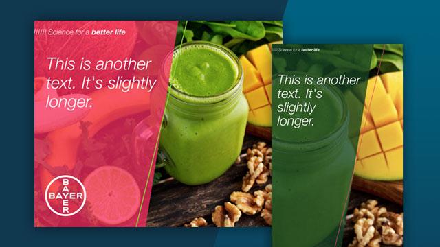 Two similar ads with a green smoothie, walnuts, and mangoes. One has a red overlay, the other green. Both read: "This is another text. It's slightly longer." Bayer logo included.