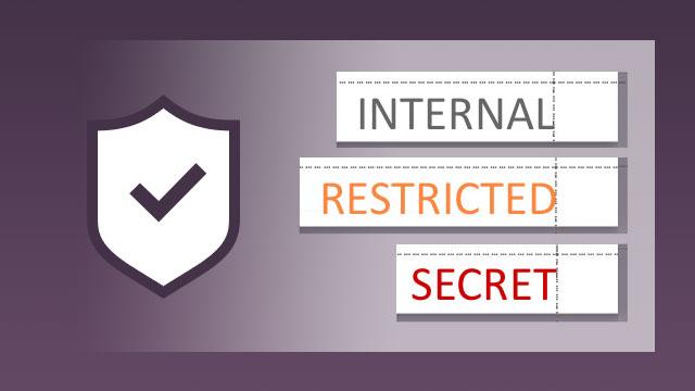 Shield icon next to three labels: "INTERNAL" in gray, "RESTRICTED" in orange, and "SECRET" in red, on a gradient purple background.