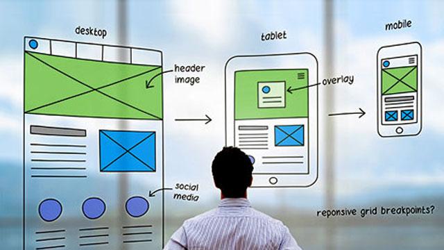 Person examining a diagram of responsive web design, showing layouts for desktop, tablet, and mobile devices with labeled components like header image and social media.