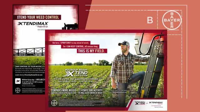 Advertisement showing a farmer standing beside a tractor in a field. Text highlights XtendiMax weed control product by Bayer, featuring benefits such as control over more weeds and extended soil activity.