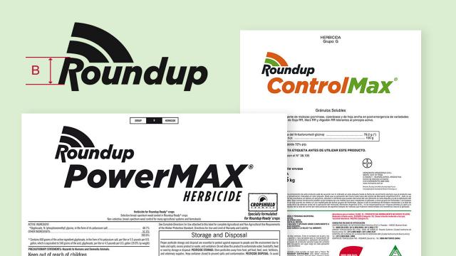 Image of Roundup PowerMAX Herbicide and Roundup ControlMax product labels, showing information on herbicide type, usage instructions, and safety guidelines against a light green background.