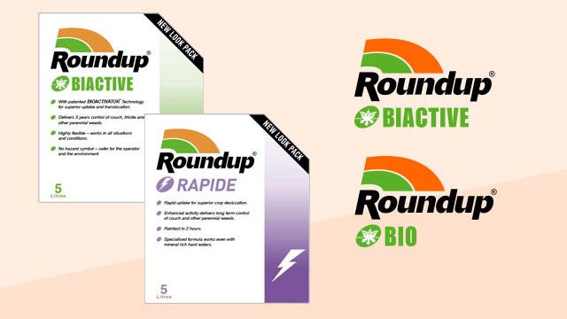 Image displaying two Roundup product packets: "Bioactive" and "Rapide," both labeled as 5 liters each. Two logos on the right show "Roundup Bioactive" and "Roundup Bio.