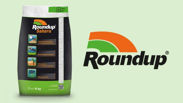 A 10 kg bag of Roundup Sahara with green and orange branding is shown next to the Roundup logo on a light green background.