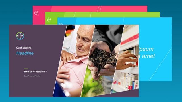 A presentation slide with a collage of images: a person smiling, hands holding soil, and someone picking from a medicine shelf. The text reads "Subheadline Headline Welcome Statement.