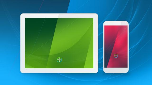 A tablet with a green screen and a smartphone with a red screen are displayed side by side on a blue background.