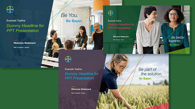 A collage of Bayer presentation covers featuring people in various settings, each with a motivating slogan like "Be You. Be Bayer." and "Be part of the solution. Be Bayer.
