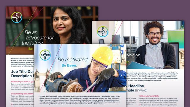 Collage of Bayer recruitment posters featuring diverse professionals, including a woman in an office, a worker in a hard hat, and a man with glasses. Text highlights career opportunities.