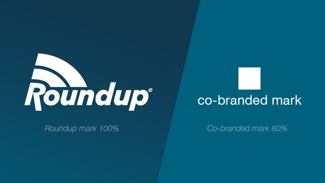 The image shows the Roundup logo on the left and a placeholder for a co-branded mark on the right, with the text indicating respective sizes of "Roundup mark 100%" and "Co-branded mark 80%".