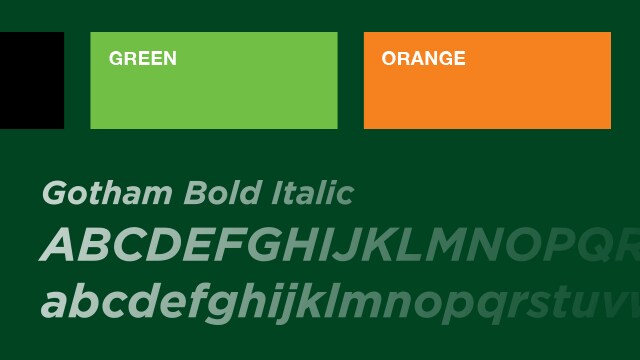 Color swatches labeled "Green" and "Orange" above italicized Gotham Bold alphabet in white on a dark green background.
