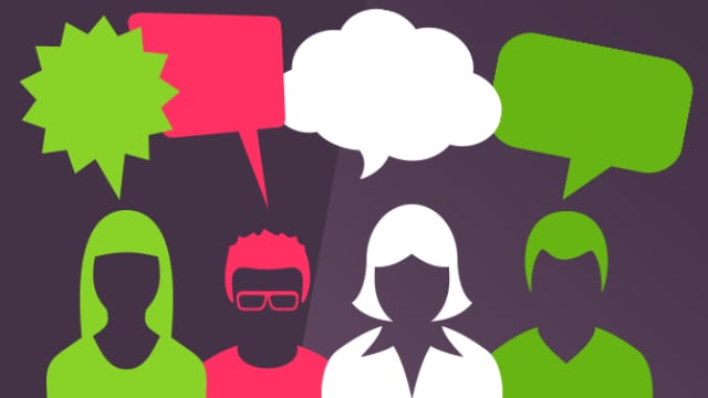 Illustration of four people with colorful speech bubbles overhead, suggesting conversation or dialogue.