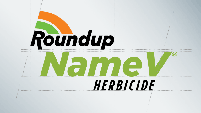 Text showing "Roundup NameV Herbicide" with a stylized orange and green design element.