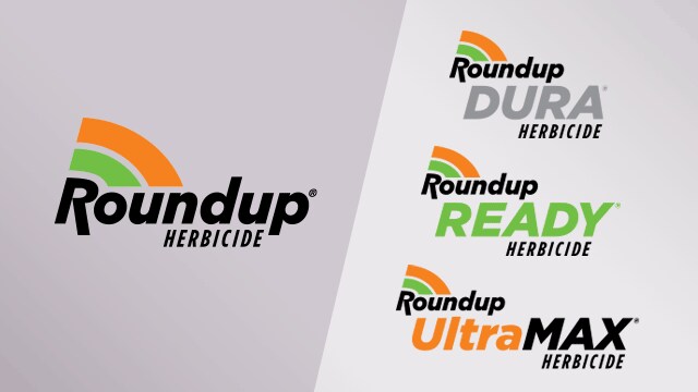 Logos for Roundup herbicide variants: Roundup, Roundup Dura, Roundup Ready, and Roundup UltraMax on a gray and white background.