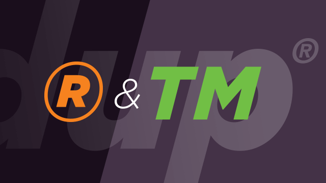 Text image with "R & TM" in orange, white, and green letters on a dark dual-shaded background.