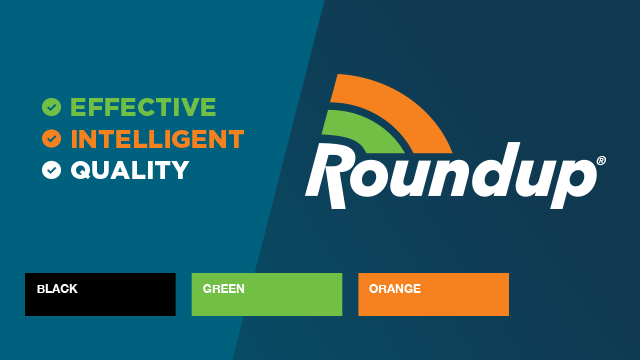 Logo for Roundup with the words "Effective," "Intelligent," and "Quality" in a colored list. Color palette includes black, green, and orange sections.