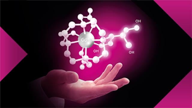 Illustration of a hand presenting a glowing chemical structure with a Gd atom at the center against a pink and black geometric background.