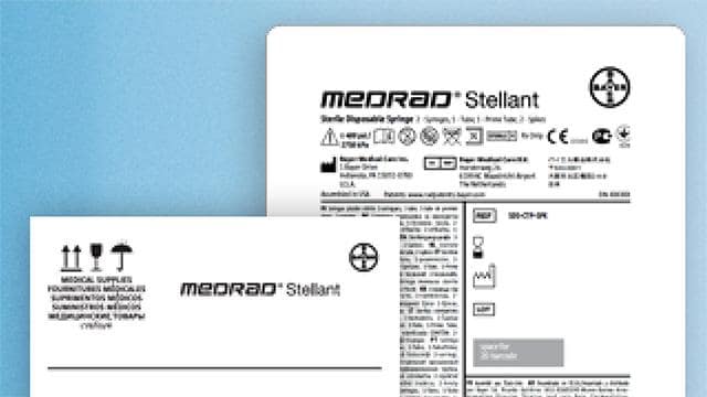 Medical packaging for Medrad Stellant syringe, displaying product name, symbols, and text on a white background.