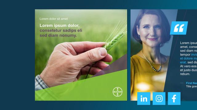 A hand holds wheat in a field. A woman's portrait is on the right with social media icons below.
