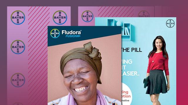 Advertisement collage with Bayer logos, a Fludora Fusion ad featuring a smiling woman in a headscarf, and a contraception ad showing a young woman in a red sweater with blue background.
