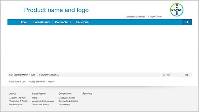 Webpage mockup with placeholders for a product name, logo, and navigation tabs. Includes headers like "About" and "Loremipsum," and footer details on conditions of use and privacy statement.