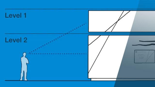 Diagram with two levels. A silhouette of a person on Level 1 observes a display on Level 2, with dashed lines indicating the line of sight.