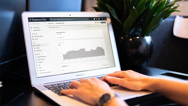 Person using a MacBook displaying Google Search Console with analytics data, next to a potted plant.