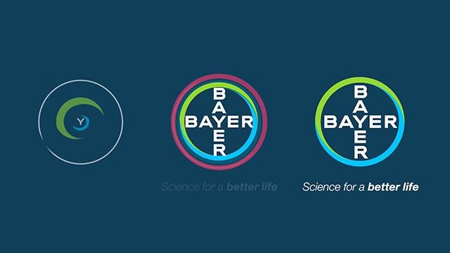Three Bayer logos, each with a circular design. The text "Science for a better life" is below, transitioning from left to right.