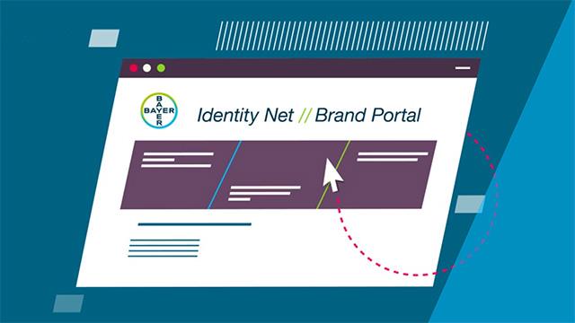 Illustration of a web page titled "Identity Net // Brand Portal" with the Bayer logo and a cursor hovering over the center.