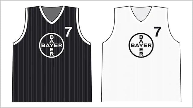 Illustration of two basketball jerseys with a Bayer logo and the number 7. The left jersey is black with white pinstripes, and the right jersey is plain white.