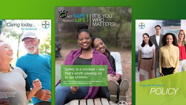 Three posters depict company safety, responsibility, and policy messages with diverse people smiling and text emphasizing safety mindset and corporate compliance.