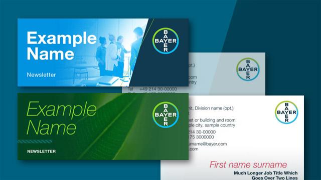 Three digital business card designs with Bayer logo, contact information placeholders, and various background colors, including blue and green with a leaf pattern.